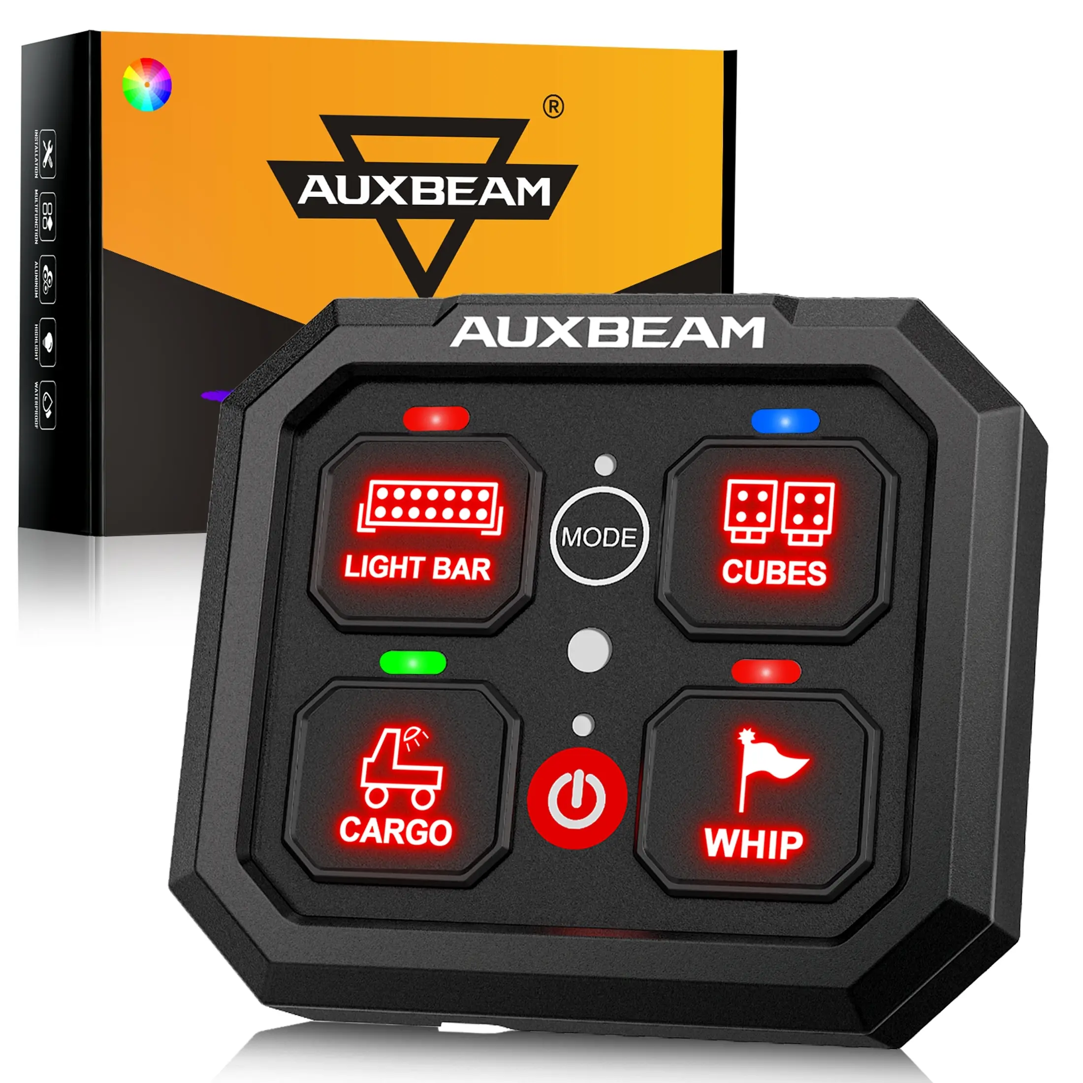 AUXBEAM RA40 RGB Vehicle Control Switch Panel - 3-Way Toggle/Momentary/Pulse Modes, LED Lights, IP65 Cover, 12V 20A/24V 10A 1440W Waterproof Outdoor Automotive Switchboard (-40°C~105℃/-40℉~221℉)