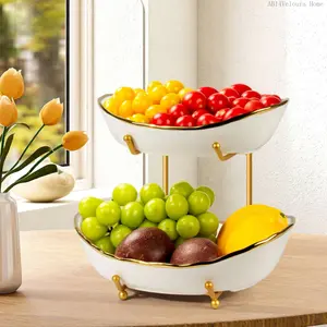 2 Tier Ceramic Fruit Bowl, Fruit Basket for Kitchen Counter, Tiered Fruit Rack for Countertop, Modern Multi Large Capacity Serving Holder for Party Dessert, Vegetable, Snack(&White)AB14Veloura Home