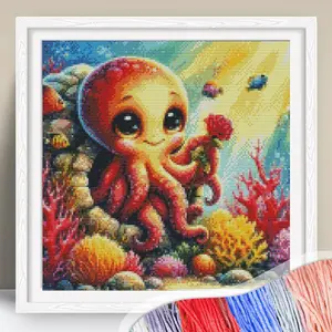 Octopus Pattern Cross Stitch Kit, DIY Cross Stitch Kit for Beginners, Cross Stitch Printed Canvas, Handmade Gift for Beginners