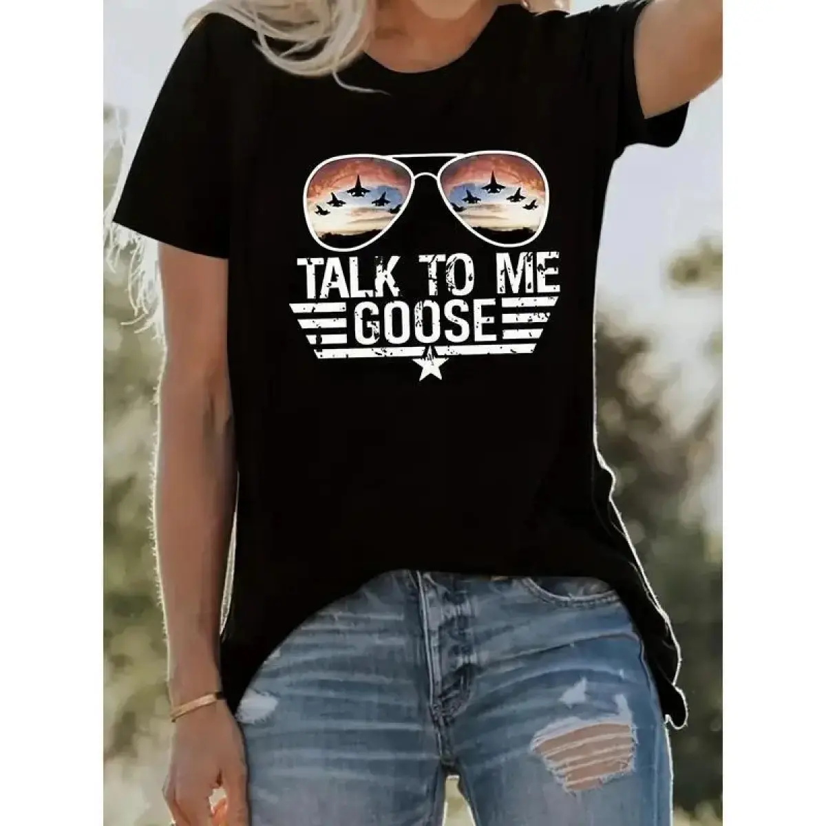 Women's Casual Crew Neck T-Shirt with "Talk to Me Goose" Graphic Print - Polyester 95%25, Spandex 5%25 Knit Fabric, Lightweight & Breathable Short Sleeve Top for Spring/Summer/Fall, Casual Wear | Fun Summer Shirt | Polyester Blend