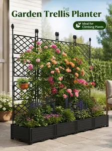 4 PCS Raised Garden Bed with Trellis, Plastic Outdoor Planter Box Set, Black Rectangular Garden Bed with Privacy Screen for Climbing Plants, Patio & Balcony