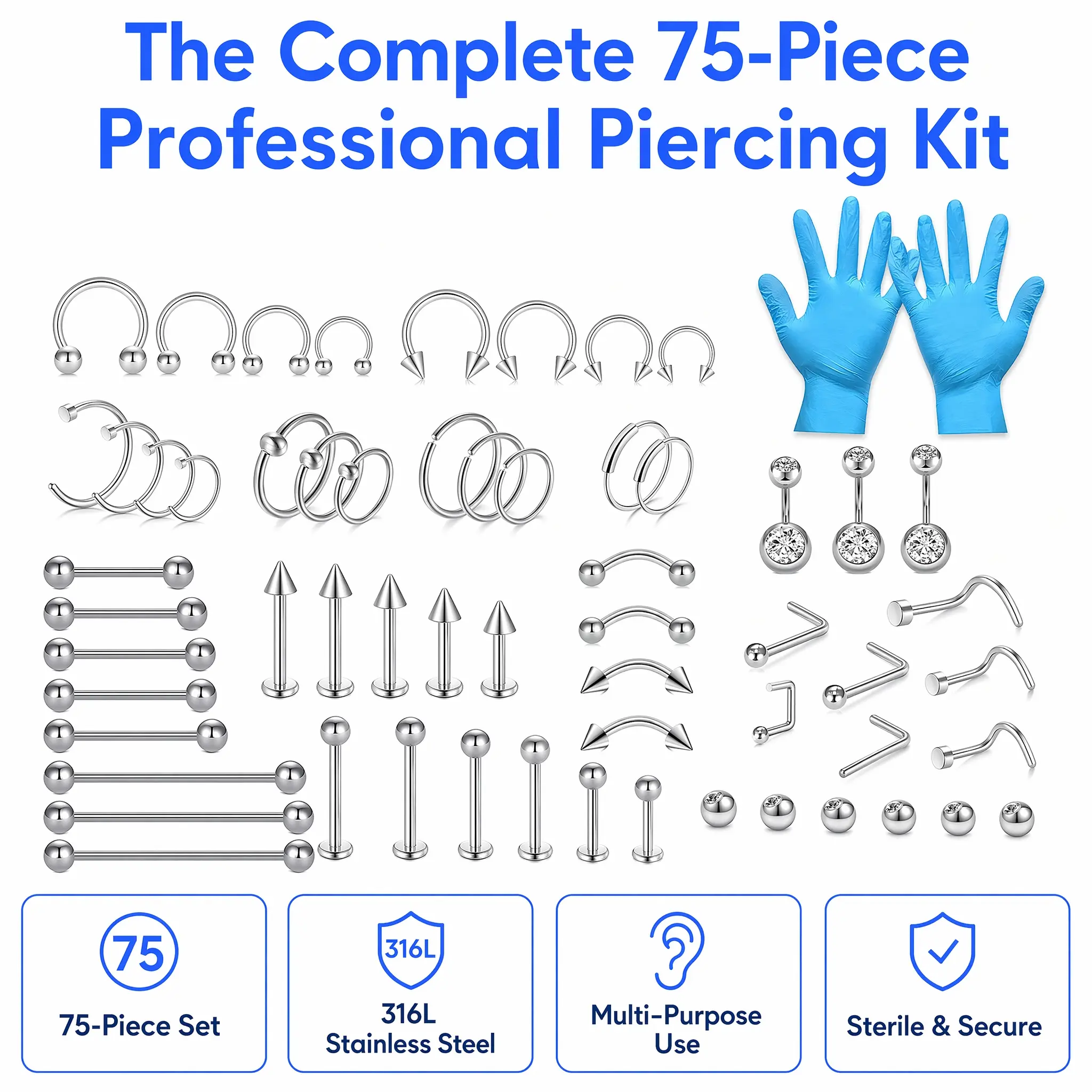 75PCS Mixed-size Piercing Kit for All Piercing,316L Stainless Steel Piercing Kit with 14G 16G 18G 20G Piecing Needles Clamps for Cartilage Tragus Nose Septum Belly Lip Eyebrow Nipple Piercing