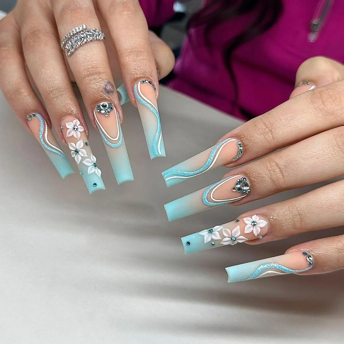 Long Ballerina Shaped Fake Nail, 24pcs/set Colorblock Fashion Glitter Rhinestones Press on Nails for Women & Girls DIY Nail Art, Elegant Stick on Nails Kit