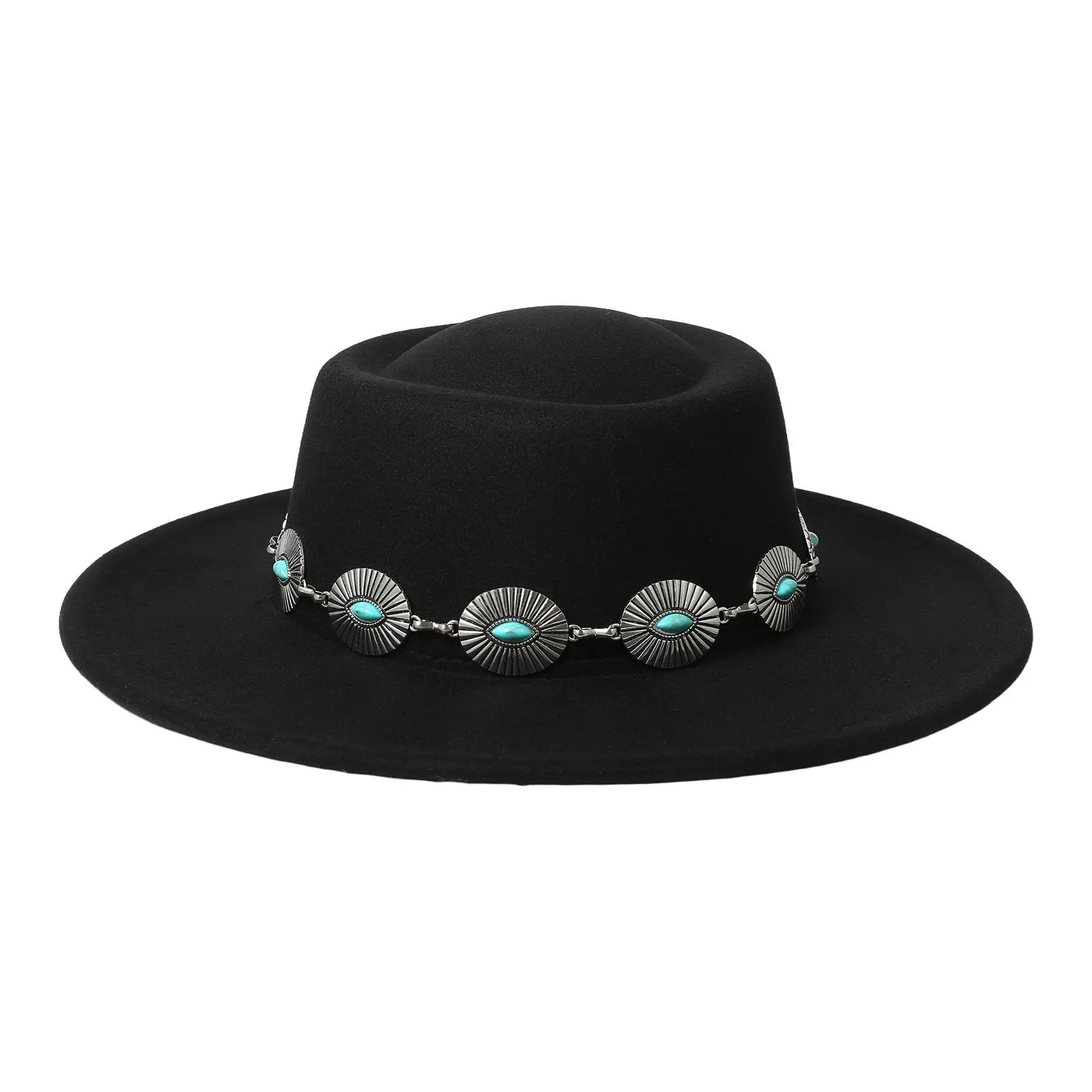 OIDEA Women’s Polyester Blend Wide Brim Flat Brim Fedora Folk Hat - Turquoise & Silver Concho Band, Western Boho Cowboy Style, Round Crown, Adjustable Size Dress Hat, Fall/Winter Fashion Accessory for Boho, Business Casual Outfits, Folk Hats summerwins,su