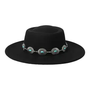 Women’s Wide Brim Flat Brim Fedora Hat with Turquoise & Silver Concho Band, Western Boho Cowboy Style Dress Hat, Adjustable Fit, Fall/Winter Fashion Accessory for Travel, Festivals & Daily Outfits