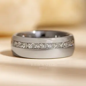 Silver Tungsten Ring With Lab-Grown Diamond Strip - 8MM