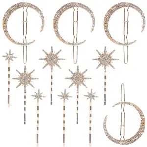 12 Pack Stars and Moon Hair Clips, Vintage Rhinestone Hair Pin, Metal Alloy Diamond-studded Hair Accessories for Women Girls