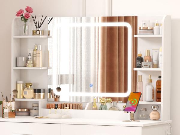 Lifewit Vanity with Mirror Adjustable Lighting, 2 Power Outlets/USB Ports, Makeup Desk with Storage Stool, 8 Open Shelves, 2 Drawers, Lipstick Holders