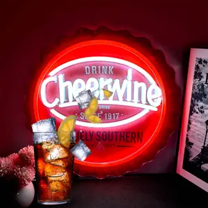 Retro Cherry Bottle Cap Neon Sign USB Powered LED Wall Decor for Home Bar Garage Man Cave Game Room Aesthetic Bedroom Night Light Party Supplies Gift