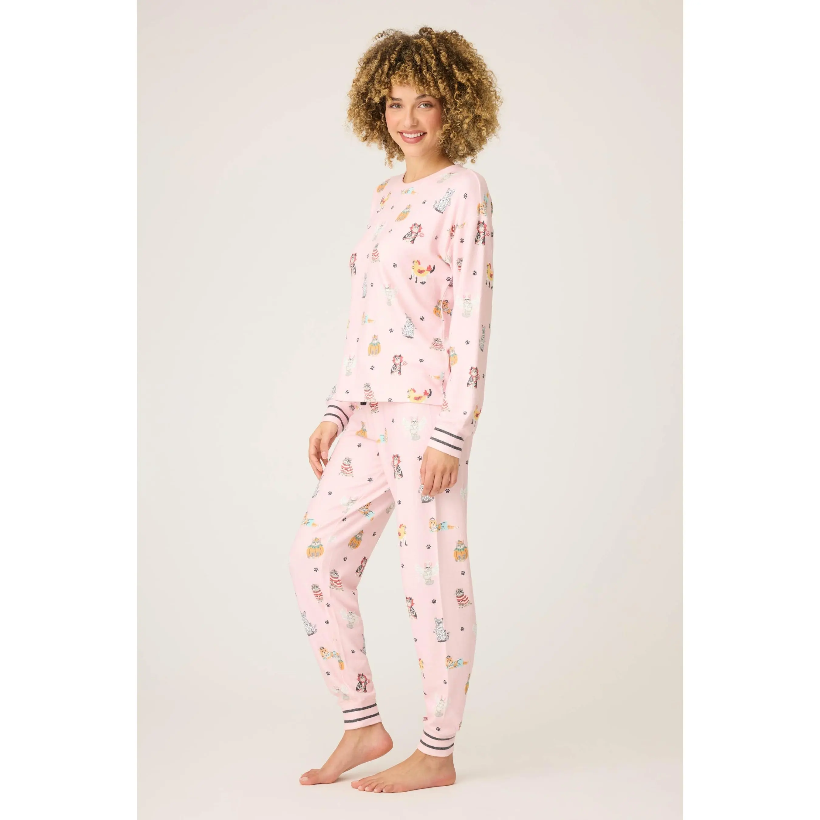 Women's Halloween Cat Print Cute Pajama Pants - Soft Jersey Nightwear, Ballet Pink Loungewear Bottoms with Drawstring Waist, Striped Cuffs for Matching Movie Night, Cute Pajamas, Garment, Watch Party, Comfy And Cozy, Cozy Style, Elastane, Funny, Tv, Cozy
