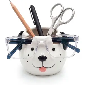 Glasses Holder Stand and Vase - Dog Ceramic Sunglasses and Eyeglasses Stand Gift Display and Decor Organizer for Desk Accessories and Stationery Items (White and Black)