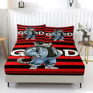 Cat pattern printed bed sheet, including 1 bed sheet and 2 pillowcases, anti slip dust cover suitable for bedrooms and guest rooms, suitable for personal use or gift giving