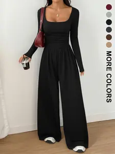 Women's Fall Winter Knit Wide Leg Jumpsuit, Casual Fashion Plain Color Round Neck One-Piece, Versatile Long Sleeve Romper