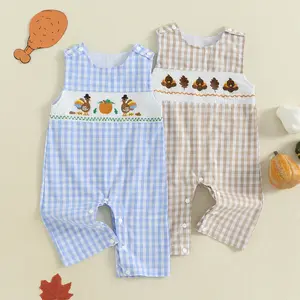 NewInfant First Thanksgiving Baby Boy Outfit Sleeveless Romper Smocked Jumpsuit  Plaid Fall Clothes 0-18 Months