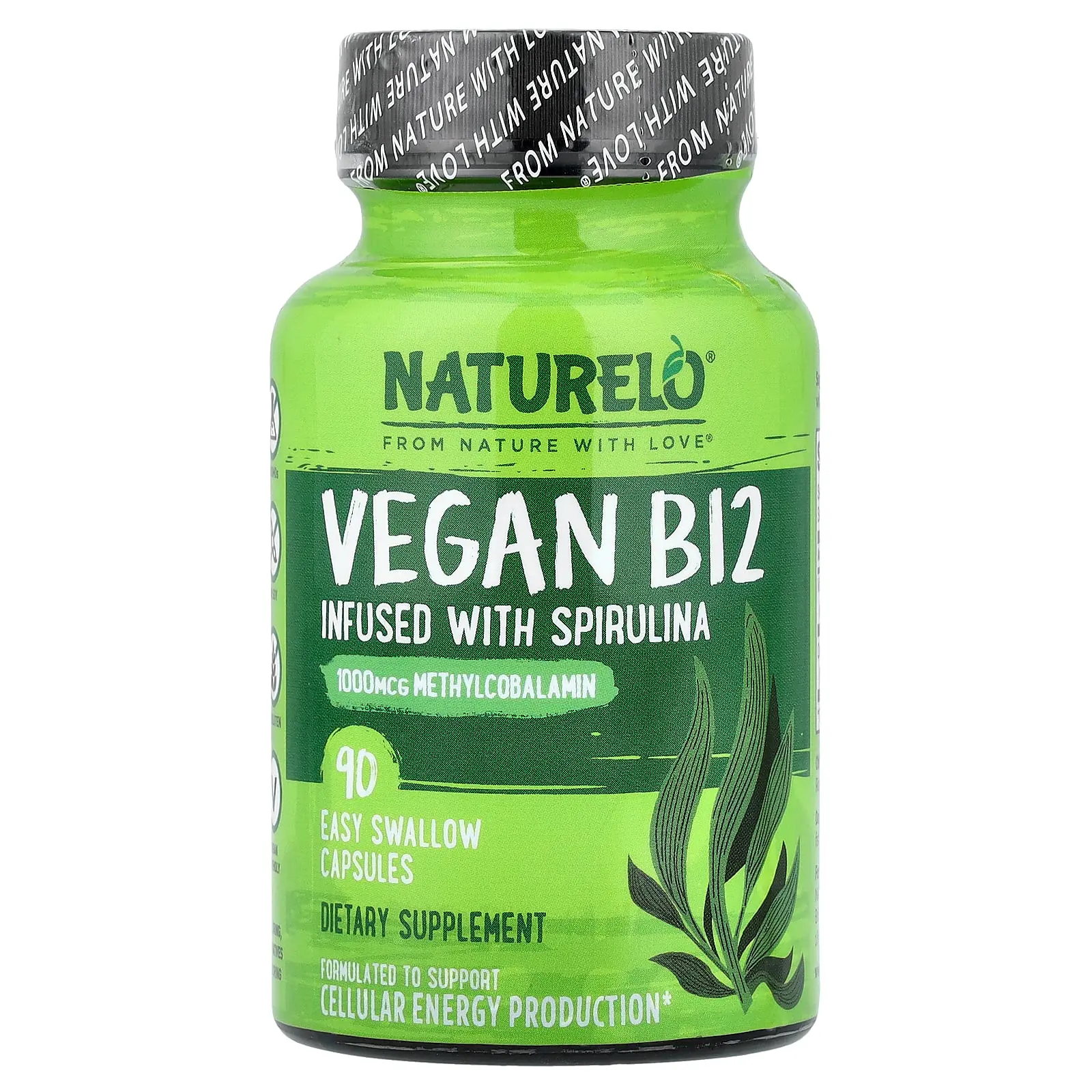 NATURELO Vegan B12 Infused with Spirulina, 90 Easy Swallow Capsules