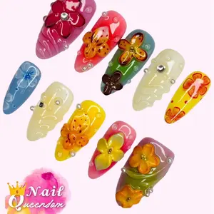 Nail Queendom [TROPICAL BLOOM] Handcrafted 3D Press-On Nails Reusable Long Lasting Salon Quality Easy Application 10 Pieces Set Eco-Friendly 3D-gel Finish