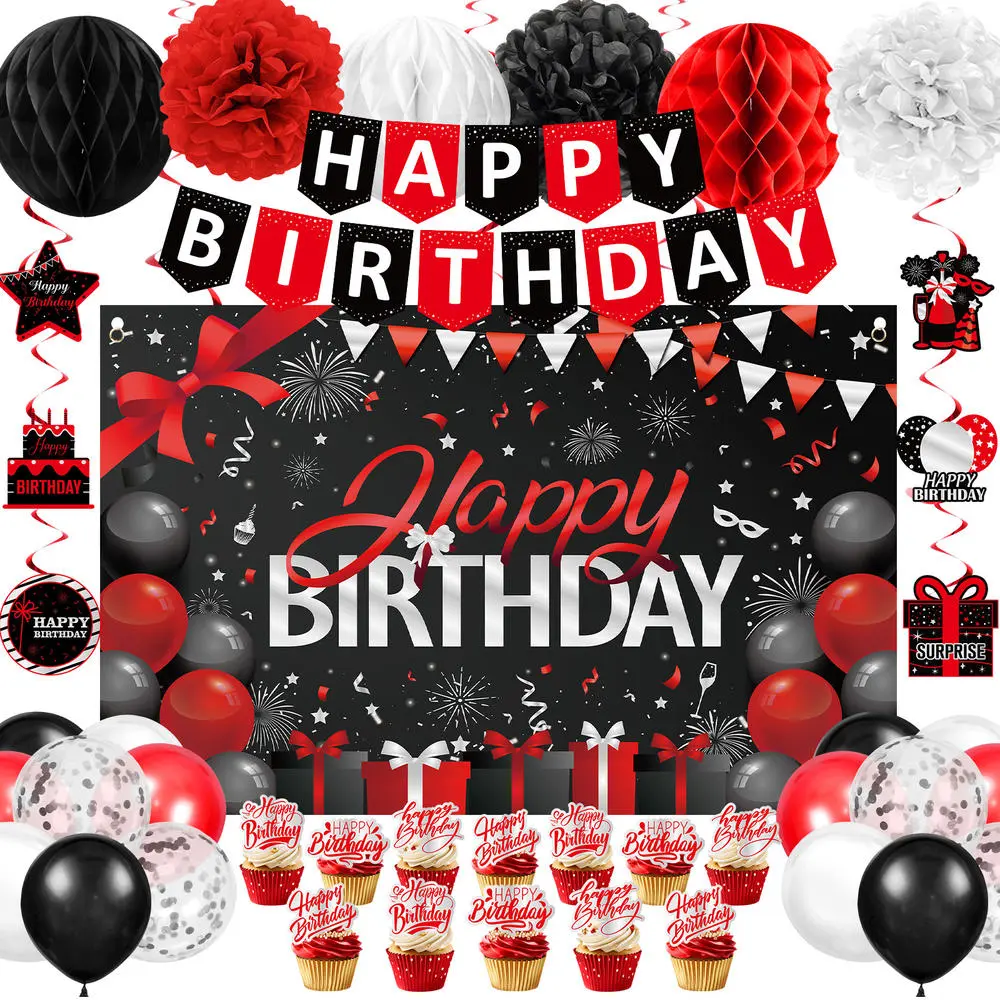 Birthday Decorations for Boys Girls, Blue Silver Official Teenager Party Decorations, Happy  Birthday Backdrop, Banner, Balloons, Pompoms, Hanging Swirls, Birthday Card, Cake Topper Set 54pcs