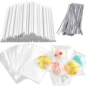360 PCS Cake Pop Sticks and Wrappers Ties Kit, Including 120ct 6-inch Paper Lollipop Sticks, 120ct Cake Pop Parcel Bags, 100ct Silver Twist Ties for Candy Making Packaging Supplies Decor Plastic