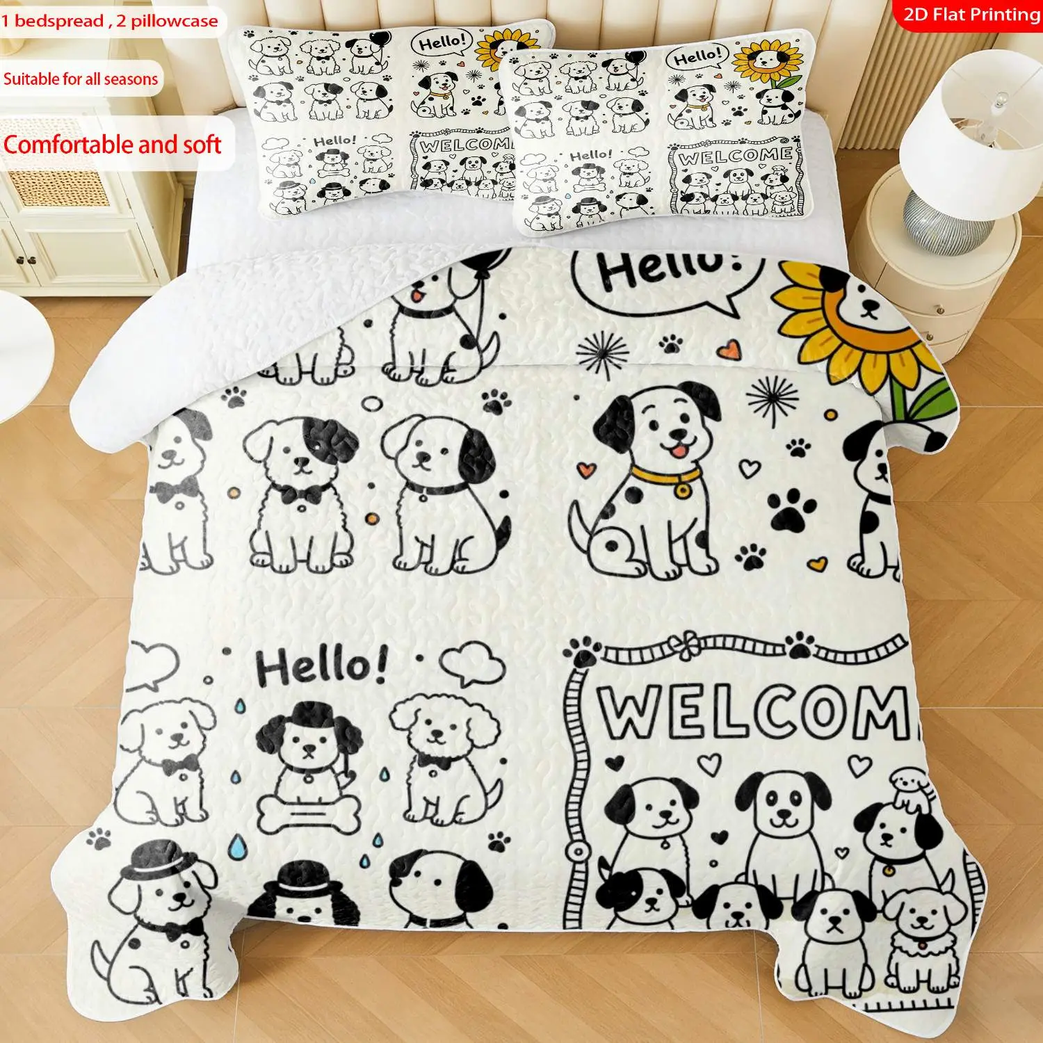 3 pcs, 2D Flat Print Cute Puppy & Sunflower Bedspread Set, Soft and Comfortable, Multiple Sizes Available, Suitable for Gifting and Daily Use, Ideal for Creating a Cozy Home Atmosphere(1 bedspread , 2 pillowcases)