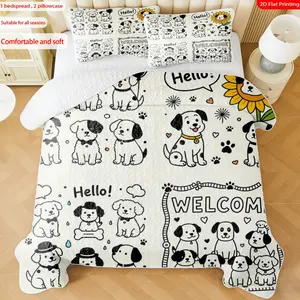 3 pcs, 2D Flat Print Cute Puppy & Sunflower Bedspread Set, Soft and Comfortable, Multiple Sizes Available, Suitable for Gifting and Daily Use, Ideal for Creating a Cozy Home Atmosphere(1 bedspread , 2 pillowcases)