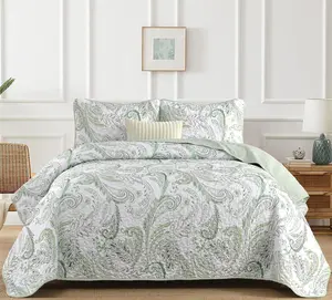 Boho Quilt Set ,Green Paisley Floral  Bedspread Coverlet Set with 2 Pillowcases,3  Lightweight Microfiber Bohemian Quilt  Set 104"90"