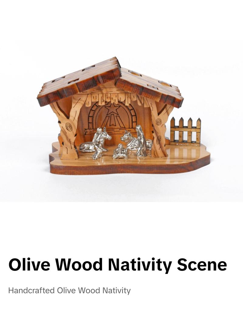 Olive Wood Nativity Scene_ Wooden Hut and Silver Oxide Figurines Decor Ornaments