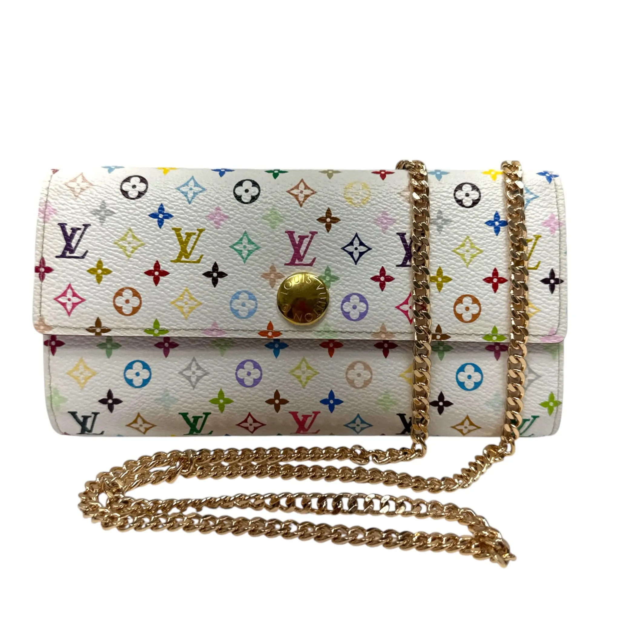 Pre-owned Louis Vuitton Coated Canvas Crossbody bags White Multicolor Monogram Sarah Wallet on Chain