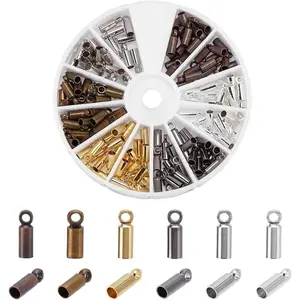 PH PandaHall 210pcs Cord End Caps 6 Colors Brass Glue-in Leather Cord Terminators Small Barrel End Tip with Loop Ring for 2mm Beading Wire Tassel Earring Choker Bag Pendant Jewelry Making