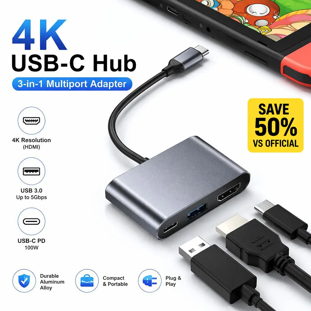 RUNTOGOL Switch 2 Portable TV Dock - 3-in-1 USB-C to HDMI Adapter with 4K@60Hz~120Hz, USB 3.0, 100W PD Charging Port for Switch, Steam Deck, ROG Ally, Legion GO, PC,Gaming Switch Accessories game case
