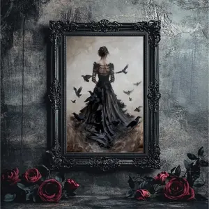 Lady of the Crows | Dark Gothic Art Print, Victorian Witchy Decor, Dark Academia Aesthetic, Raven Oil Painting