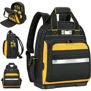 Tool Backpack, Tool Bag Backpack with Waterproof Molded Base, Multiple Pockets tool rucksack, tool bag organizer for electrician,Black/Yellow