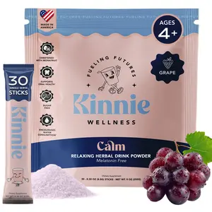 Kinnie Kids Calm Drink Mix - Grape Flavor Powder, 30 Single Serve Sticks, Melatonin-Free, Herbal Blend for Stress Relief & Mood Balance, Sugar-Free, Vegan Friendly