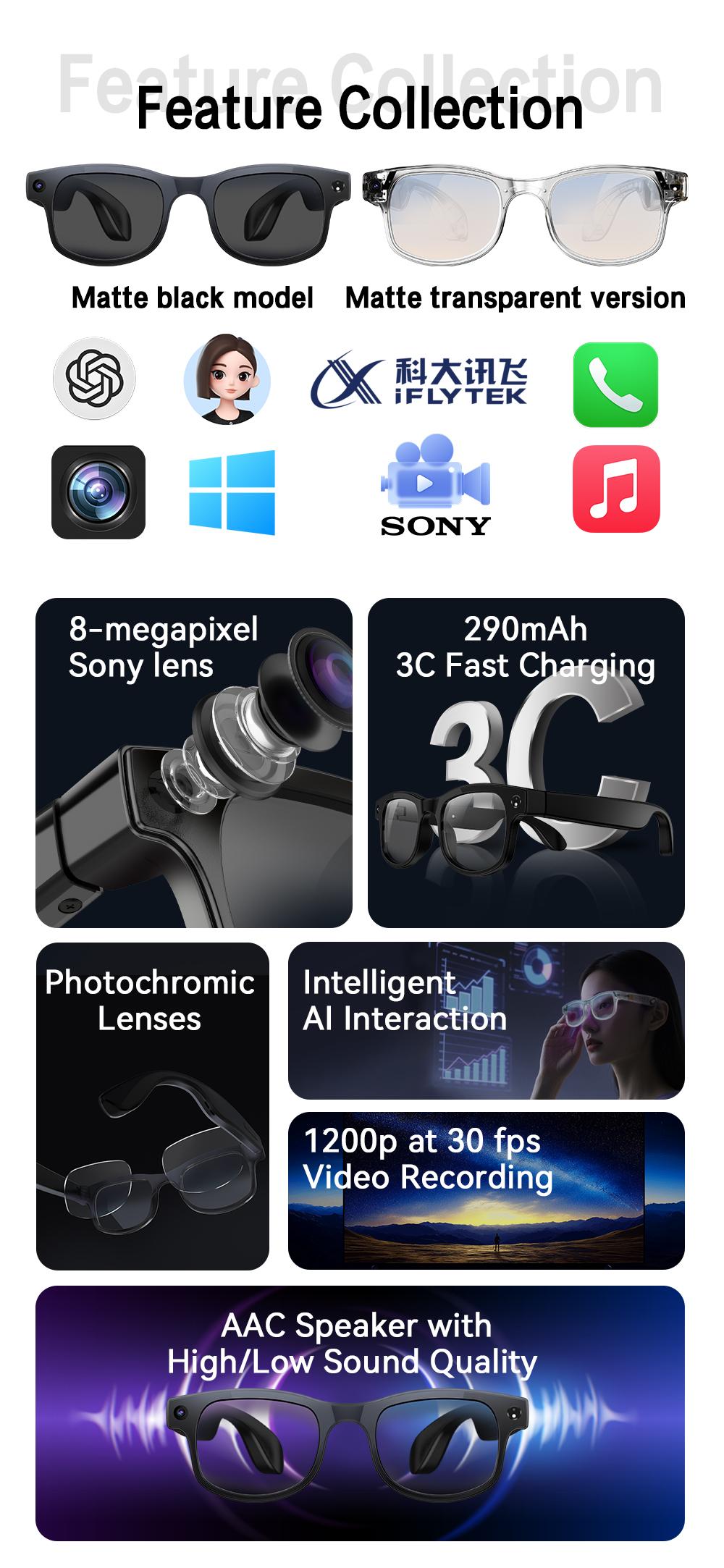 NEW Smart AI Glasses with 8MP Camera Video Recording Chatgpt 100+ Languages Real-Time Translation Bluetooth Call Music Play Replaceable Lenses Earphones for Travel Outdoor Adventures Cycling Wearable Devices