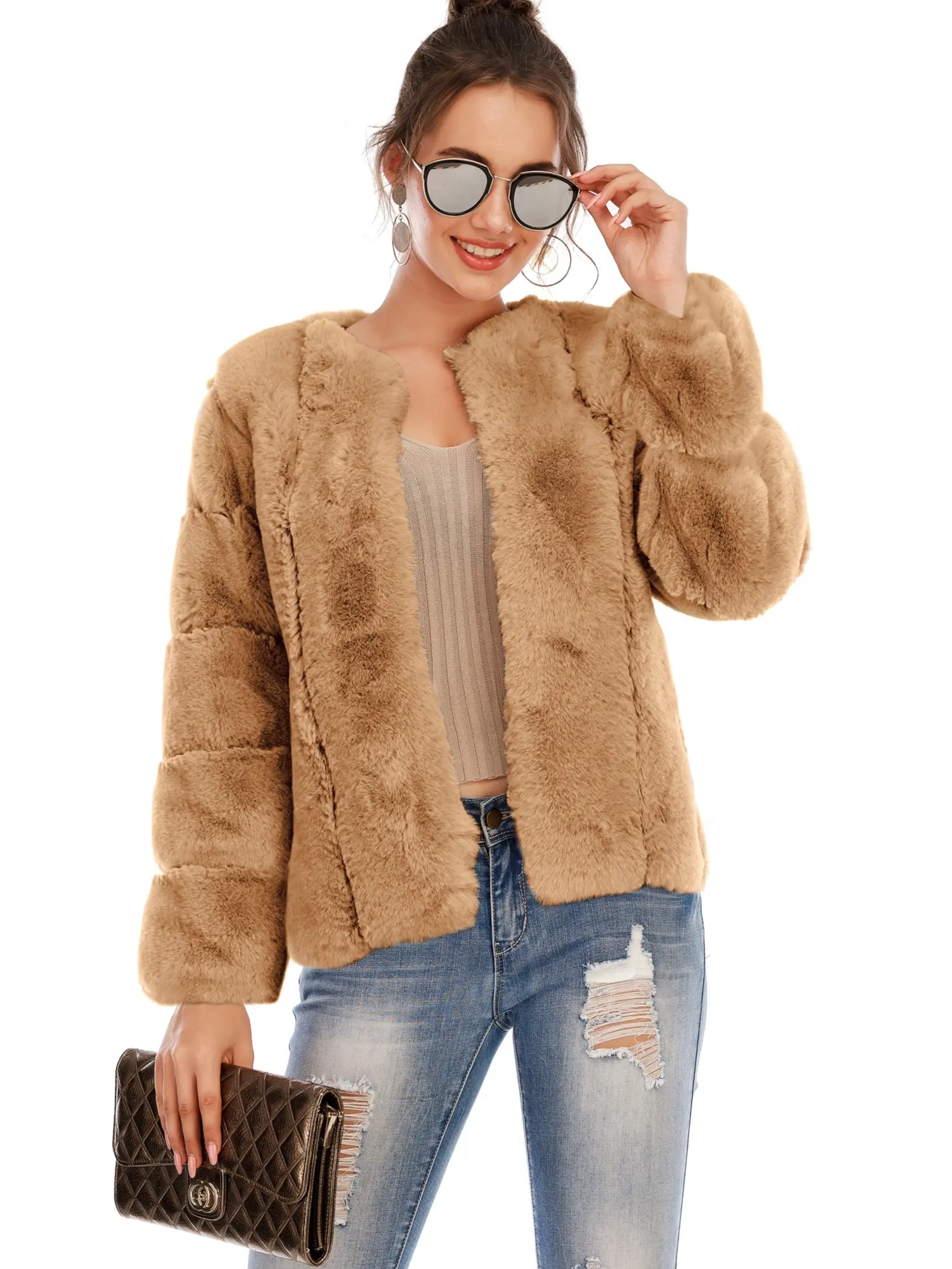 BerryGo Women's Long Sleeve Open Front Fuzzy Faux Fur Coat