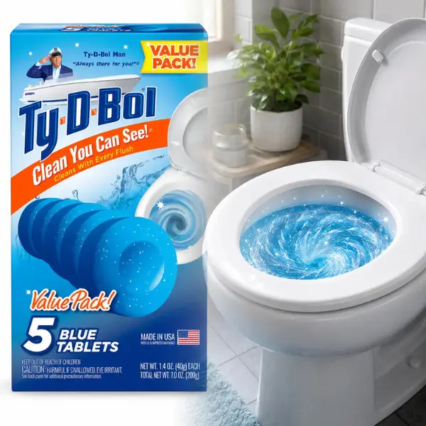 Ty-D-Bol 1.4 oz Toilet Bowl Cleaning Tablets 5 Pack,toilet tank drops,bowl freshener,odor control,clean flush,blue tint,visible clean,detergents,soil removal,master bath,guest bath,kids bath,apartment toilet,RV toilet,office restroom,hotel room,low upkeep