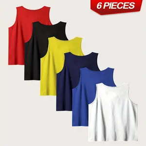 6PCS Plus Size Men's Tank Tops - 100% Polyester Knit Fabric Sleeveless Shirts for Sports & Casual Wear, Crew Neck, Slight Stretch, Solid Color, Regular Fit Multipack Athletic Tanks Fitness Running