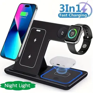 15W 3-in-1 Magnetic Wireless Charging Station: Compatible with iPhone, Samsung, AirPods & Apple Watch. Fast Charging Pad, Portable Stand for Home, Office, Bedside.