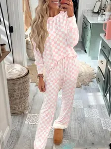 Two-Piece Set Women's Checkerboard Print Long Sleeve Tee & Drawstring Waist Pants Pajama, Casual Comfy Round Neck Top & Pocket Trousers PJ Set, Ladies Sleepwear for All Seasons