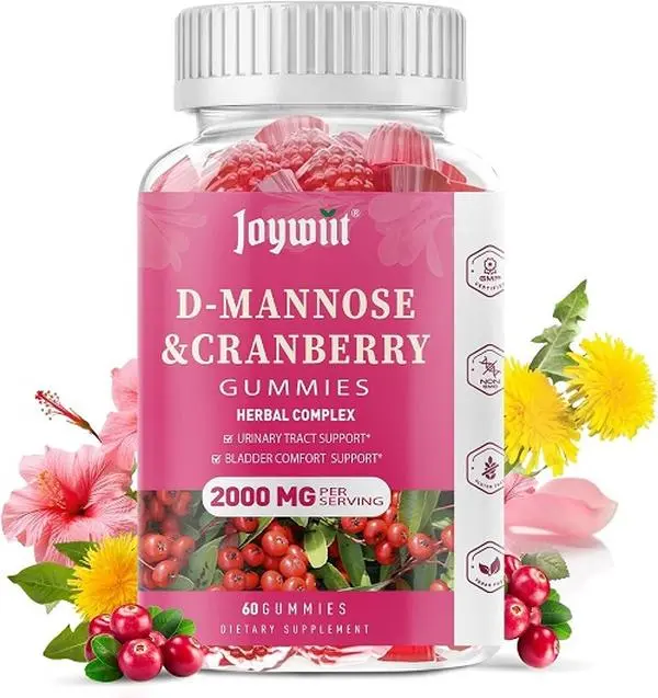 Joywiit D-Mannose Gummies 2000mg with Cranberry 500mg & Hibiscus - D Mannose Chewable Supplements for Women - Liver, Bladder Flush & Urinary Tract Cleanse Health Supplement, 60 Counts