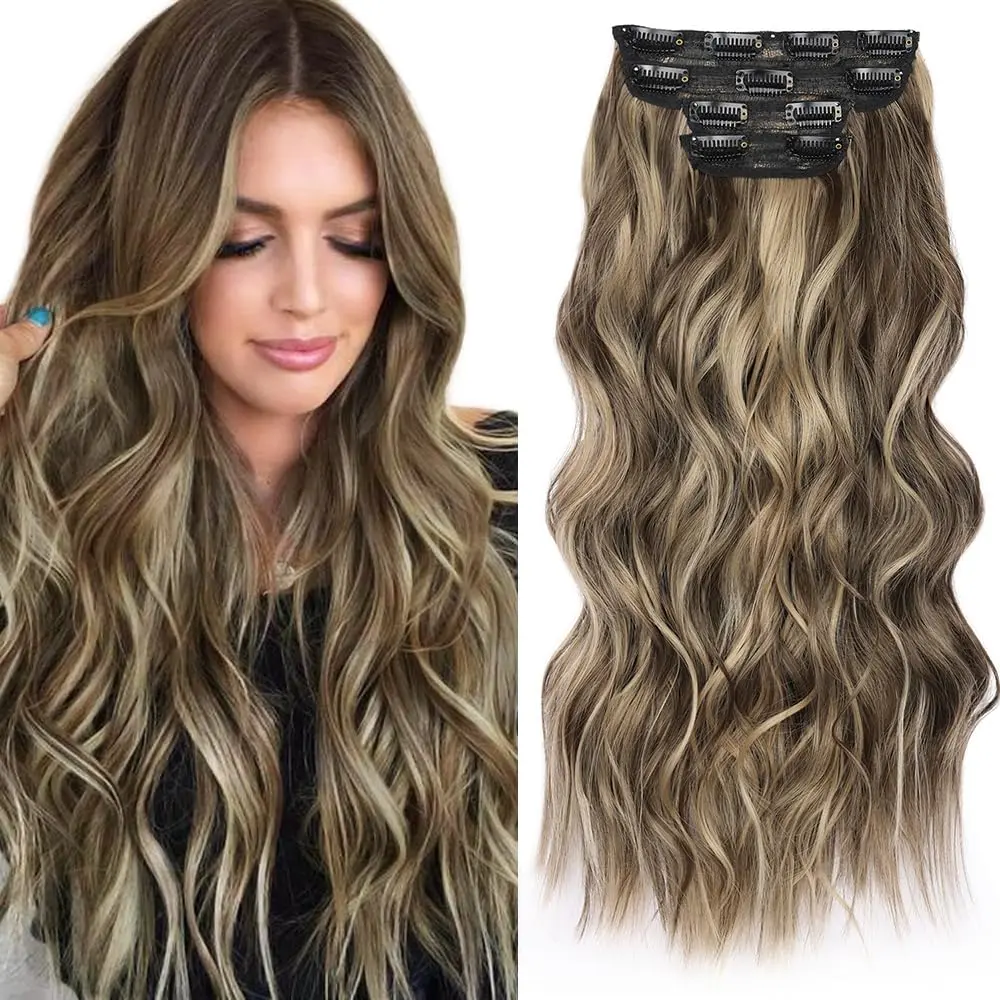 Clip in Hair Extensions for Women 4 Pcs Thick Double Weft Long Wavy Soft Synthetic Blends Well Hair Extension 20 inch Invisible Seamless Hair