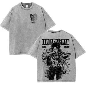 Attack On Titan Levi Ackerman Strongest Solider Captain AOT Anime Manga Game Double Printed Vintage Washed Tee Unisex Cotton Graphic Tees Top Streetwear T-Shirt 100% Sustainable US Cotton Comfortable Year-Round Wear men Menswear Classic Seamless Smooth