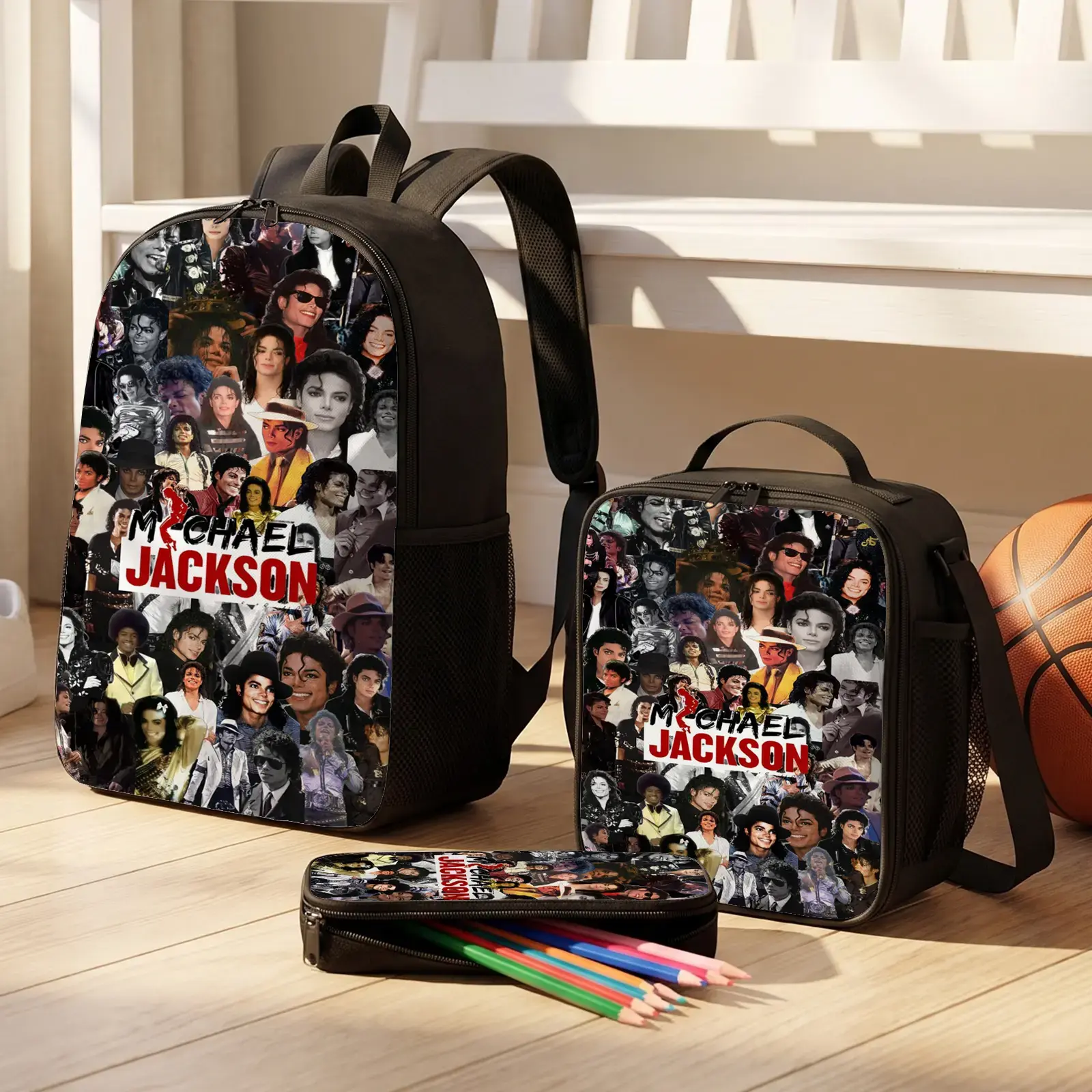 Michael Jackson 3-Piece Backpack Set for Teens, School Backpack with Matching Lunch Bag & Pencil Case, Side Mesh Pocket & Adjustable Straps, Unisex Bookbag for Boys Girls, Travel Daypack, Back to School Gift for Music Fans