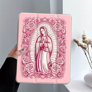 Pink Virgin Mary Rose Floral iPad Stand Case, Accessories, Religious Art Transparent Acrylic Hard Back Panel With Pencil Slot, for All models ipad, Scratch-resistant Ultra-thin Protective Case, Shock-resistant Full Cover, Tablet Stand Holder