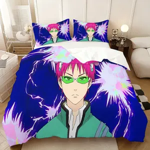 3Pcs,Saiki Kusuo  three-piece bedding set, soft, comfortable and skin-friendly, universal in all seasons, bedding set, no pillow core, no quilt core, suitable for bedrooms, guest rooms - (1 quilt cover + 2 pillowcases)