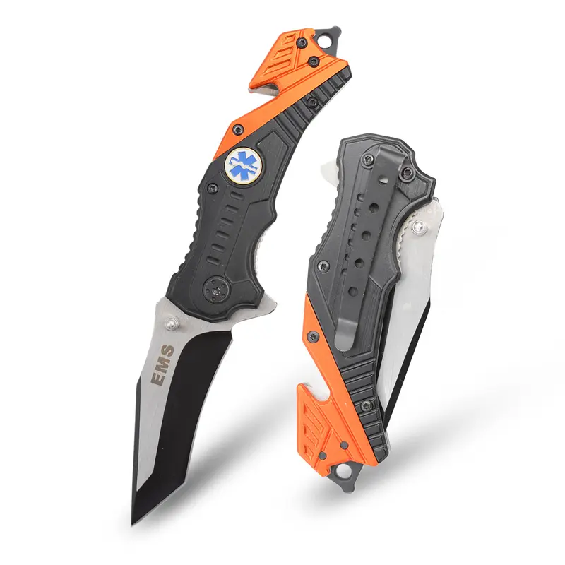 Tac-Force Pocket Folding Pocket Knife EMT Edition – Black/Satin Finish Blade, Black/Orange Aluminum Handle w/EMS Dept Logo, Rope Cutter, Glass Punch, and Pocket Clip, EDC, Rescue - TF-640