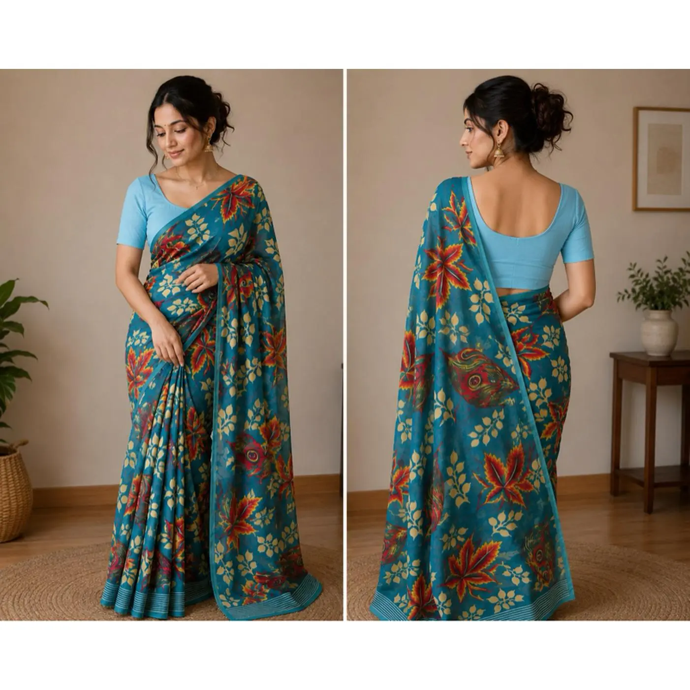 Floral Chiffon Saree with Stitched Cotton Blouse and Peticoat Set for Elegant Occasions