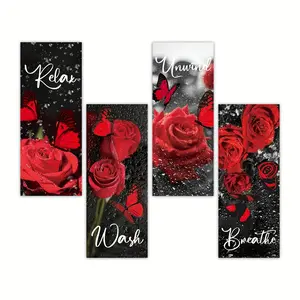 4pcs Rustic Red Rose Artistic Wooden Wall Art Set - "Relax, Unwind, Breathe" Plaques with Black Floral Background for Home Decor, Decoration, Relaxation Theme | Floral Wall Art | Relaxation Decor | Unframed Wall Art | Perfect Valentine's Day Gift