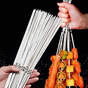 10pcs Bbq Skewers Stainless Steel Meat Needle Flat Shish Kebab Skewers Sticks