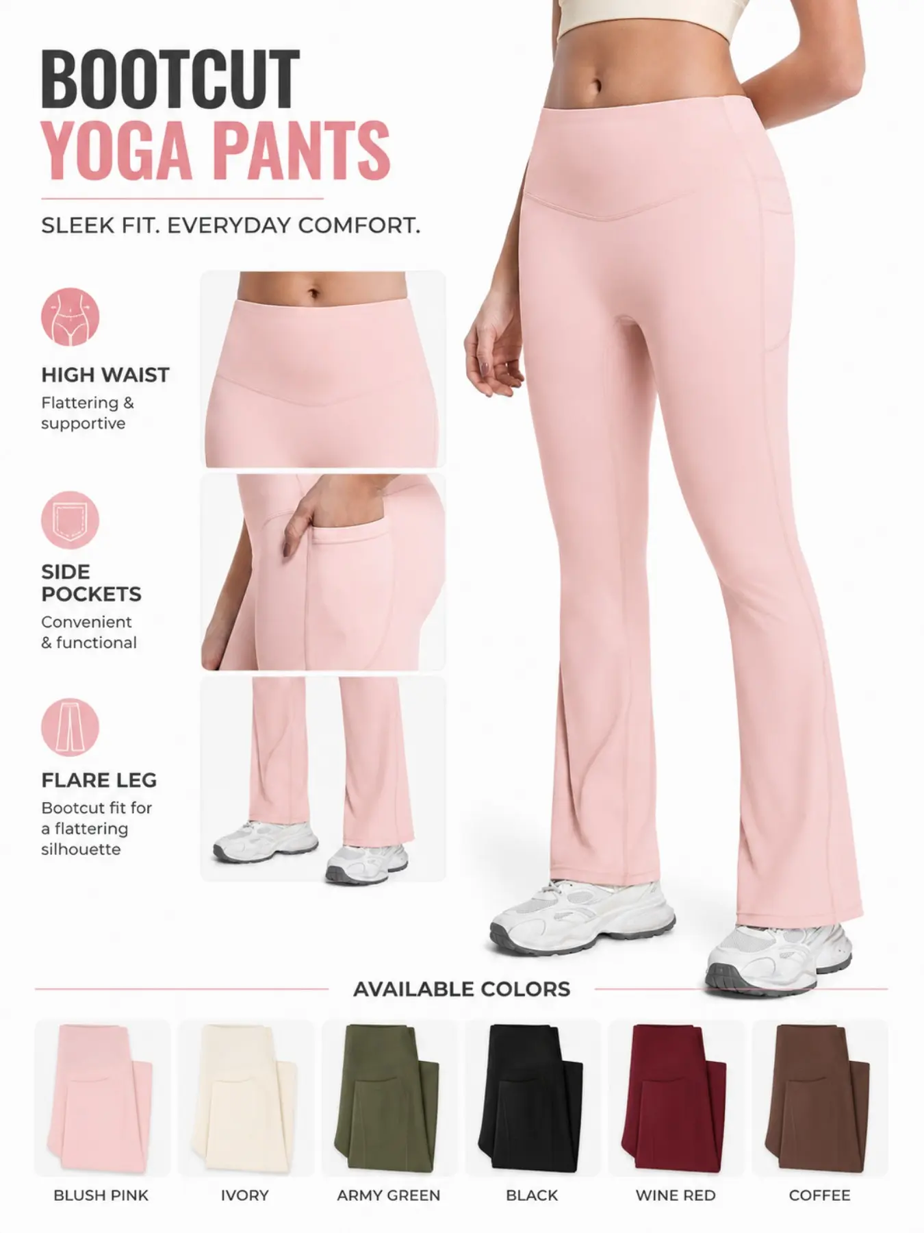 Women's High Waist Sports Flare Leggings with Side Pockets, Cloud Touch Smooth Abdomen Yoga Pants, Activewear Bottoms, Stretchy Workout Leggings, Fitness Clothes, Suitable for Fitness Running Pilates