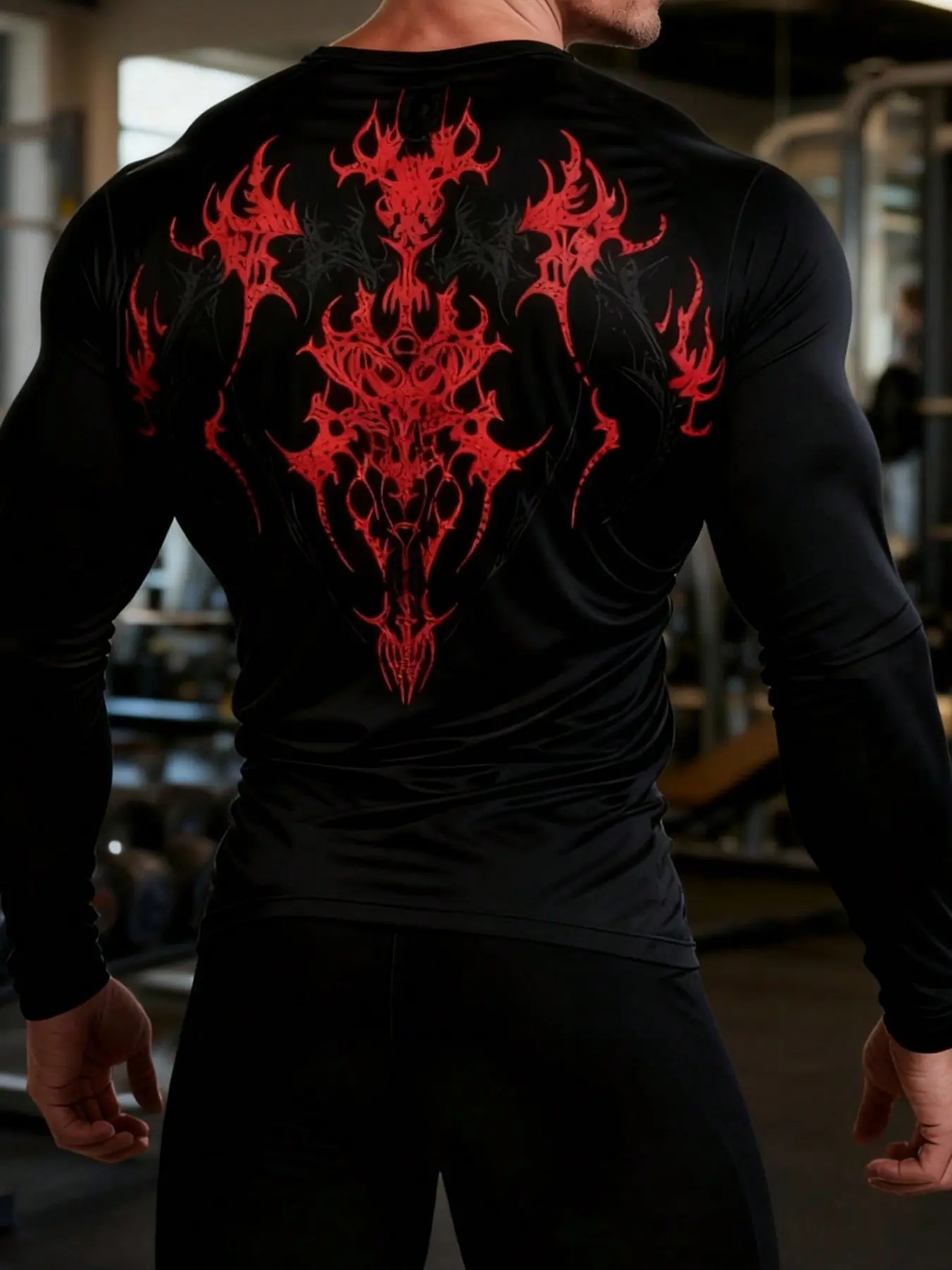 Men's Gothic Thorn Print Compression Long Sleeve Gym T-Shirt, Moisture-Wicking Dual Print, Dark Aesthetic Fitted Top for Workout